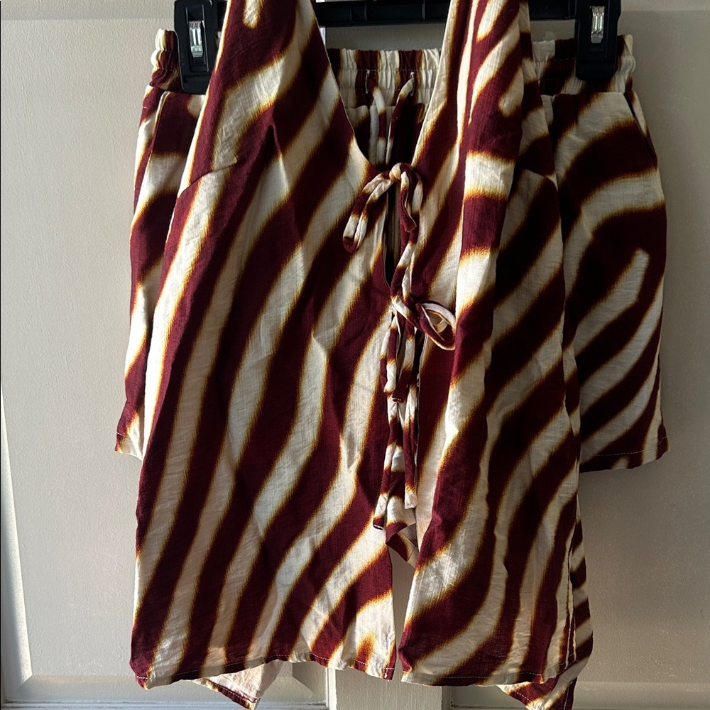 Tie-Front Zebra Print Blouse in Burgundy and Cream